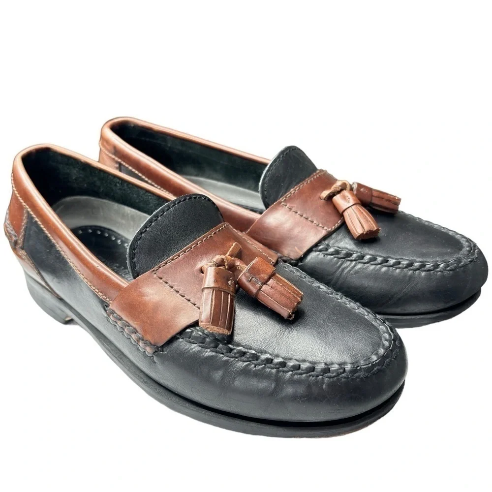 Johnston & Murphy Tassel Loafers Shoe Size 8.5 Black Brown Leather Moc Toe EUC
